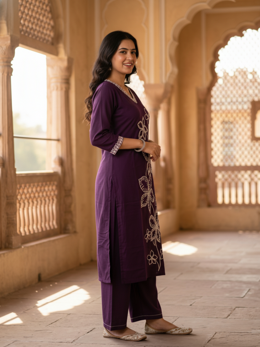 Solid Embroidered Straight Kurta with Palazzo - Purple