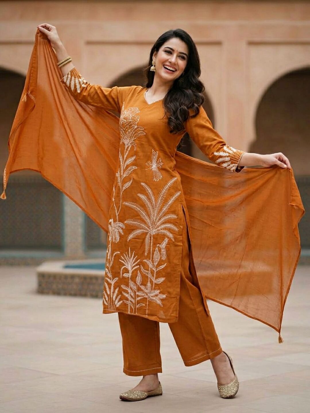 Solid Botanical Embroidered Straight Kurta with Pant & Dupatta - Rust Orange