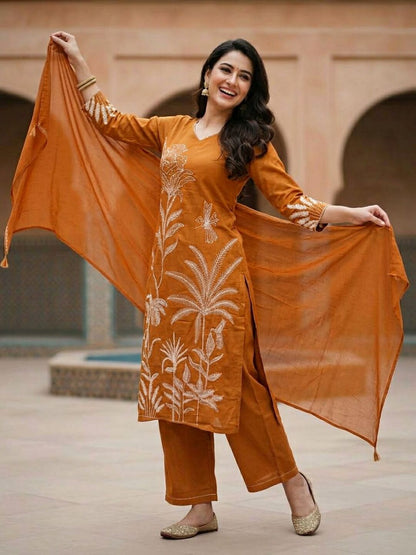 Solid Botanical Embroidered Straight Kurta with Pant & Dupatta - Rust Orange