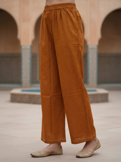 Solid Botanical Embroidered Straight Kurta with Pant & Dupatta - Rust Orange