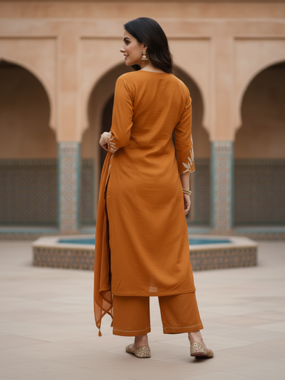 Solid Botanical Embroidered Straight Kurta with Pant & Dupatta - Rust Orange
