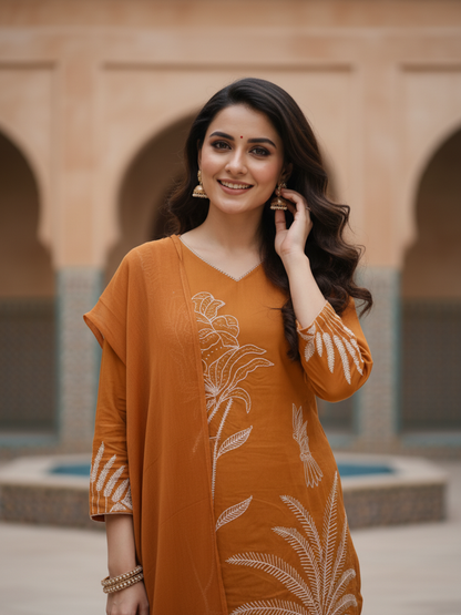 Solid Botanical Embroidered Straight Kurta with Pant & Dupatta - Rust Orange