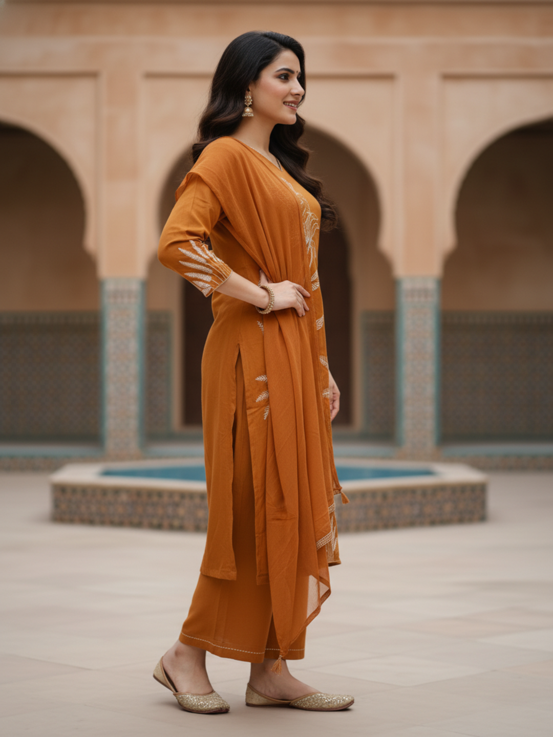 Solid Botanical Embroidered Straight Kurta with Pant & Dupatta - Rust Orange