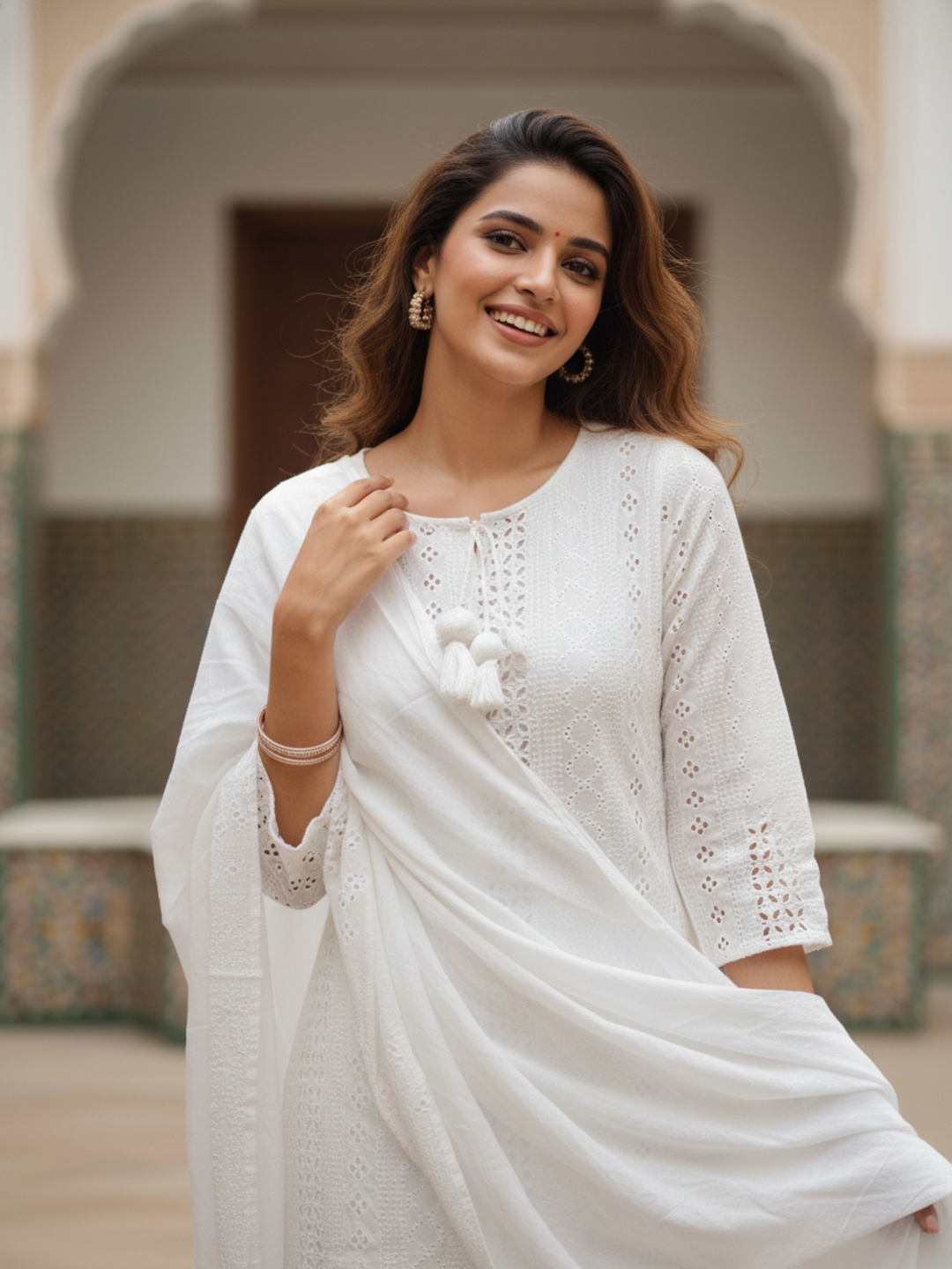 Solid Schiffli Embroidered Straight Kurta with Pyjama & Dupatta - White