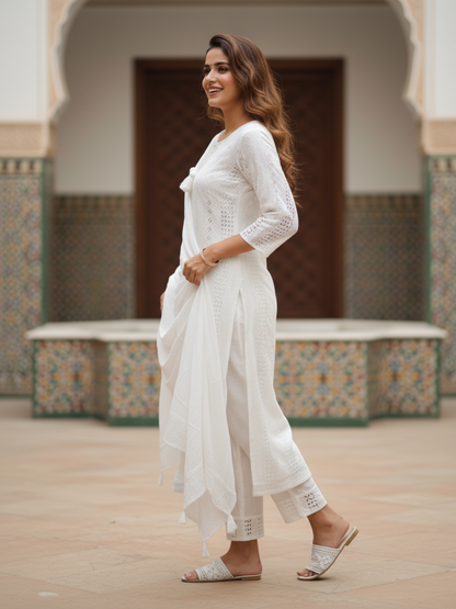 Solid Schiffli Embroidered Straight Kurta with Pyjama & Dupatta - White