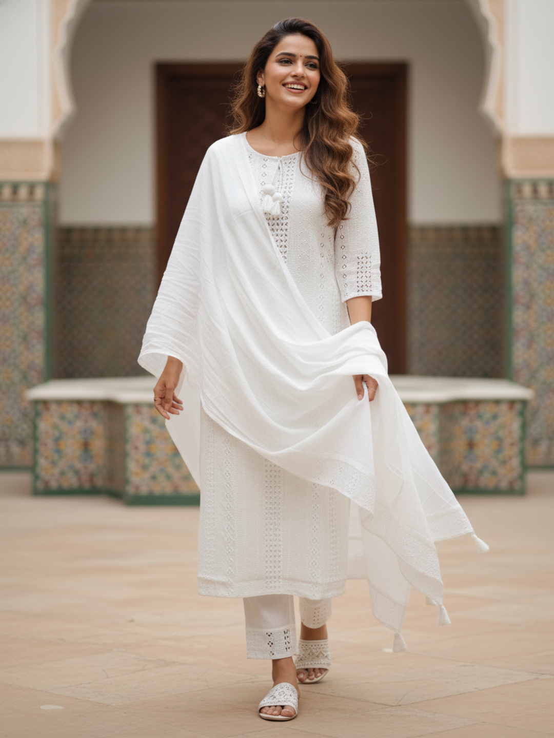 Solid Schiffli Embroidered Straight Kurta with Pyjama & Dupatta - White
