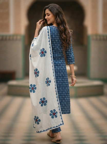 Indigo Printed Straight Kurta with Pant & Floral Dupatta - Blue
