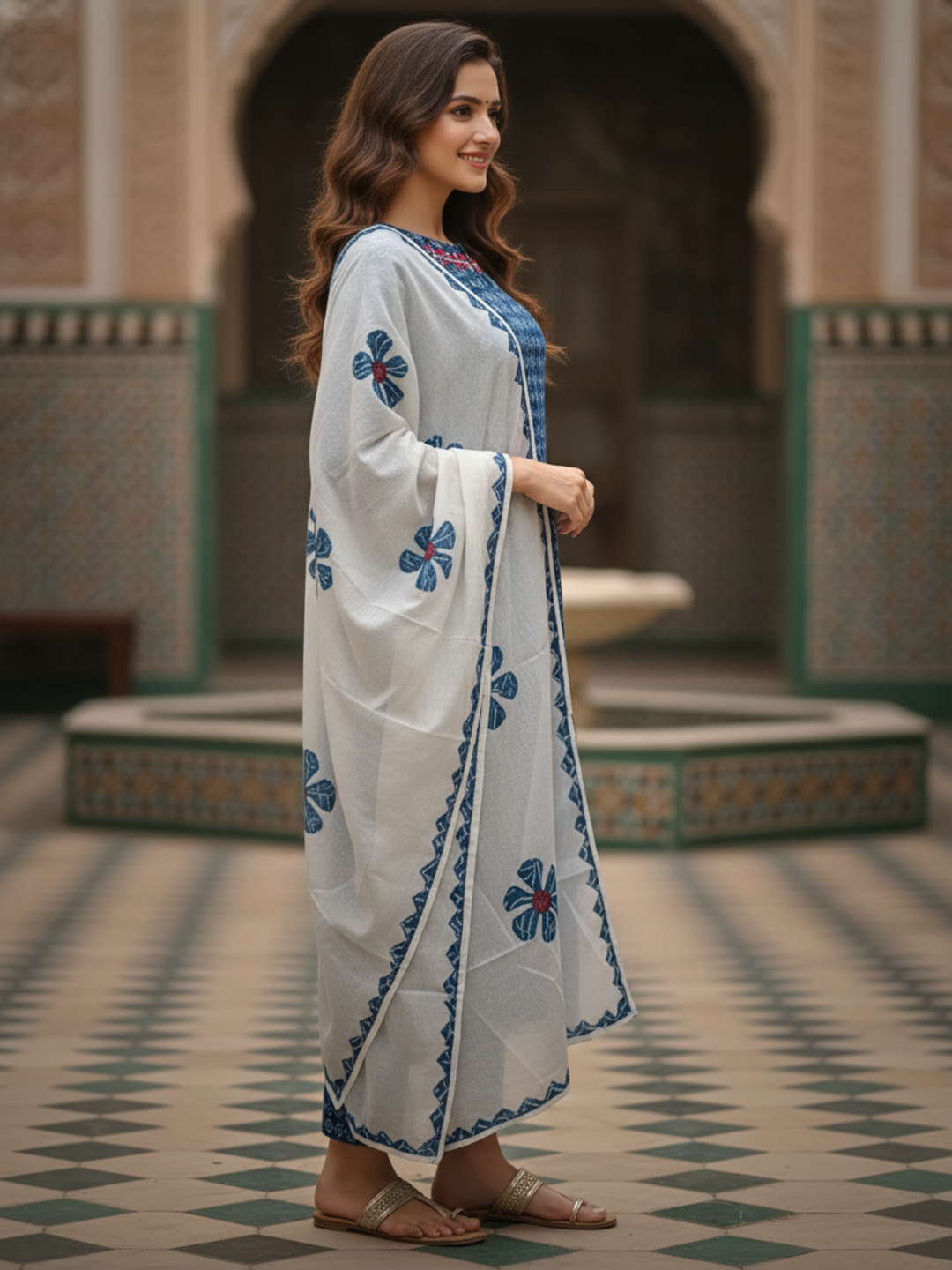 Indigo Printed Straight Kurta with Pant & Floral Dupatta - Blue