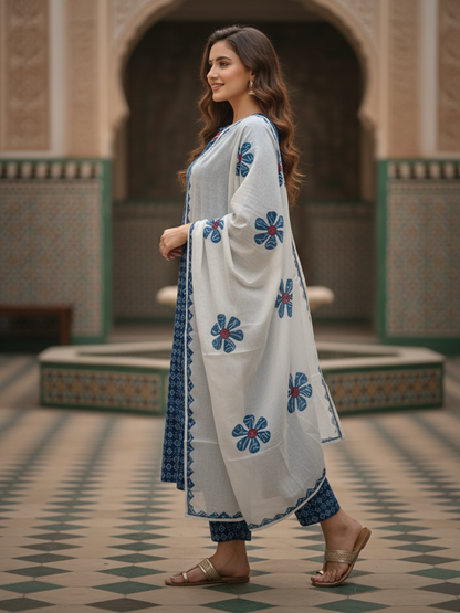 Indigo Printed Straight Kurta with Pant & Floral Dupatta - Blue