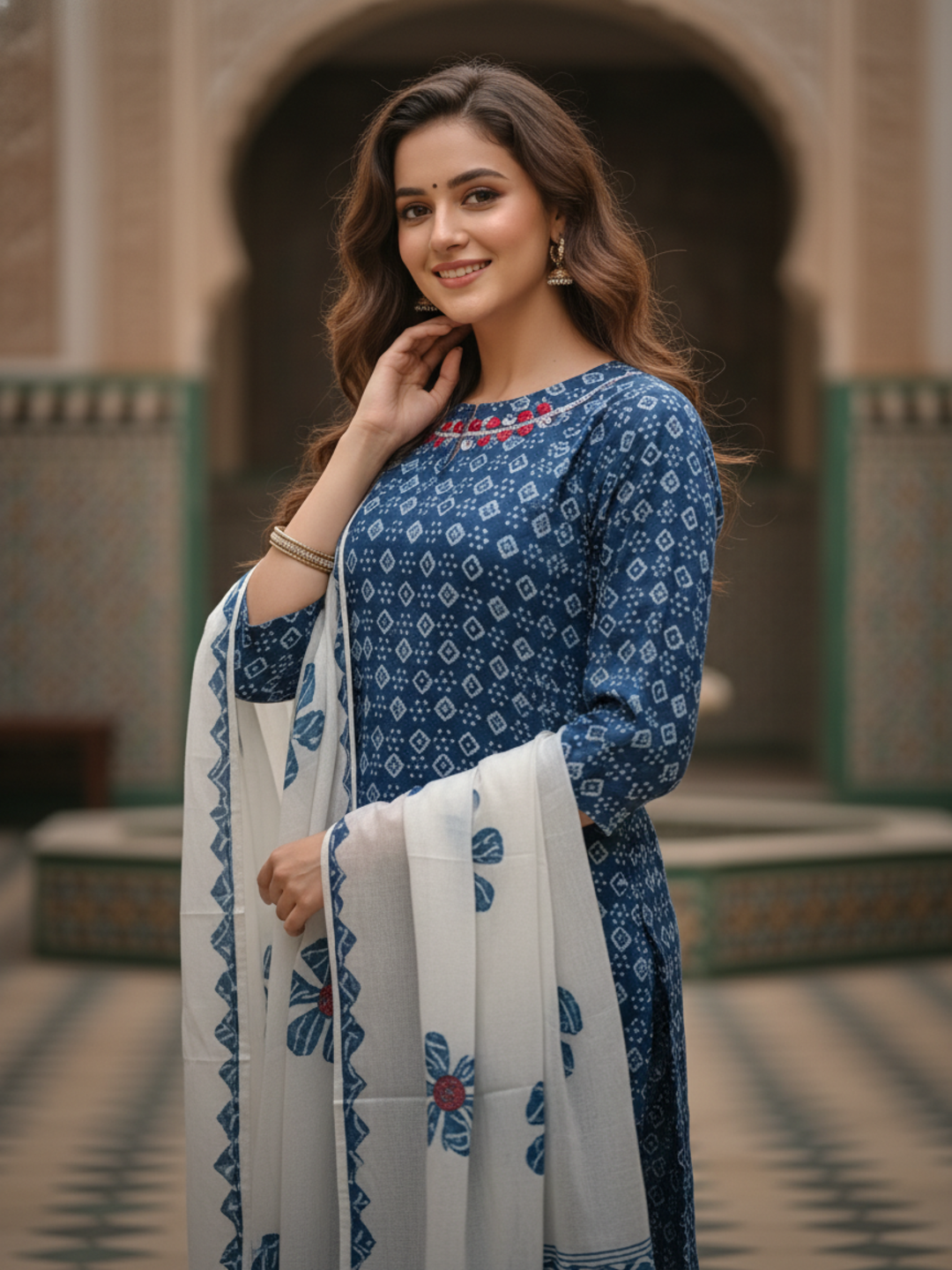 Indigo Printed Straight Kurta with Pant & Floral Dupatta - Blue