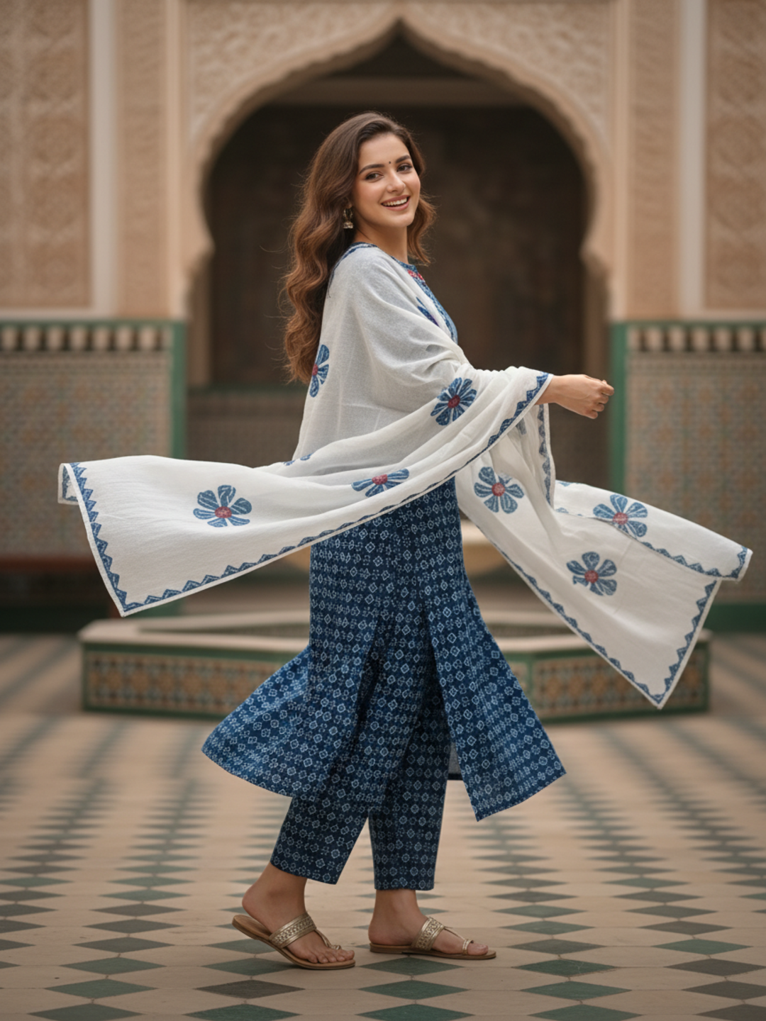 Indigo Printed Straight Kurta with Pant & Floral Dupatta - Blue