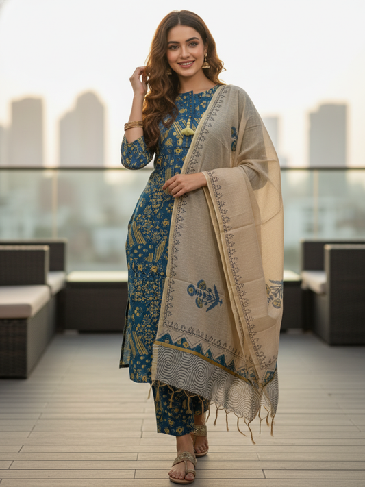 Floral Printed Straight Kurta with Pant & Dupatta - Teal Blue
