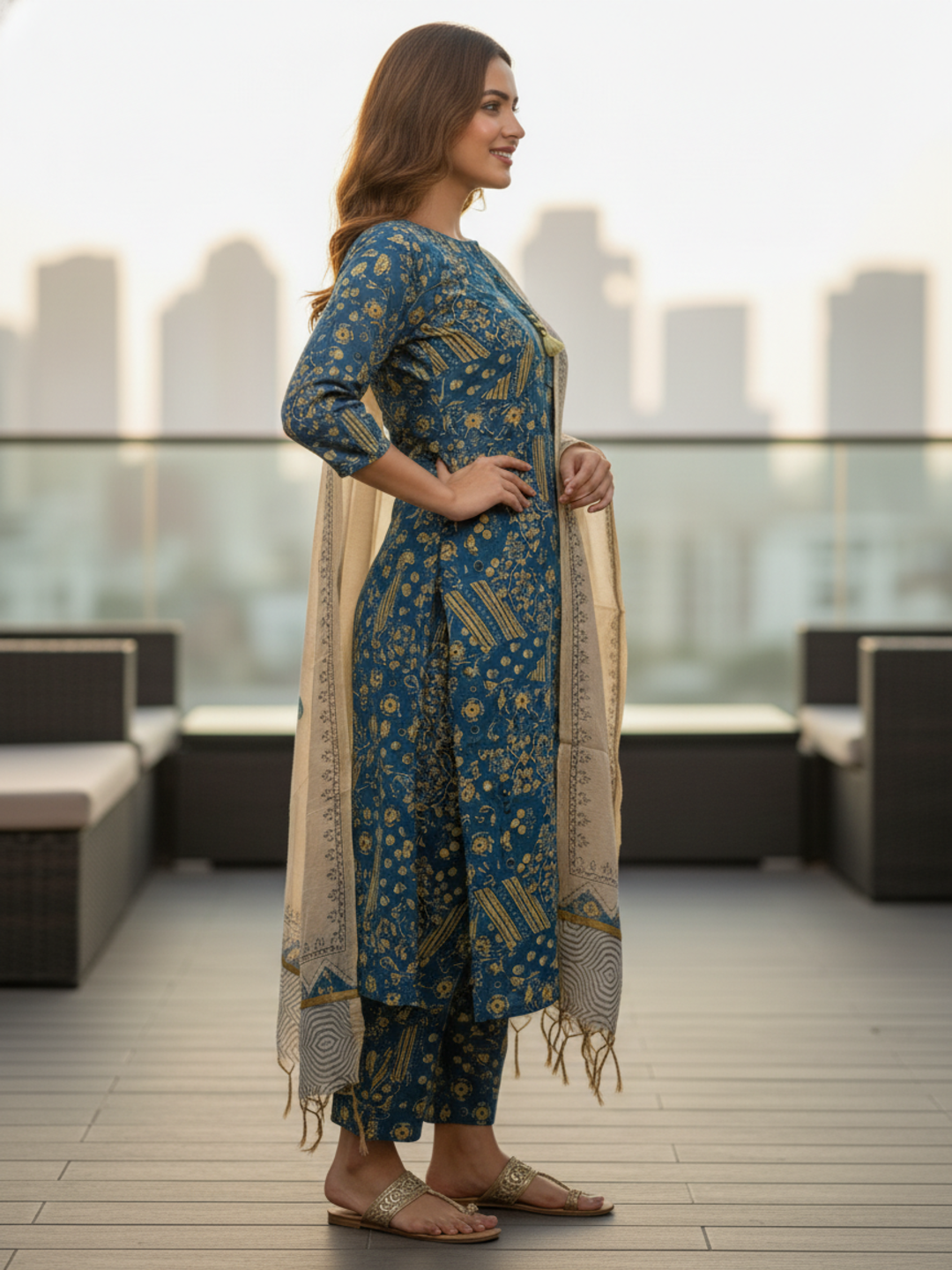 Floral Printed Straight Kurta with Pant & Dupatta - Teal Blue