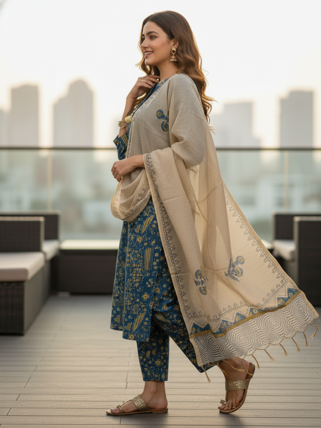 Floral Printed Straight Kurta with Pant & Dupatta - Teal Blue