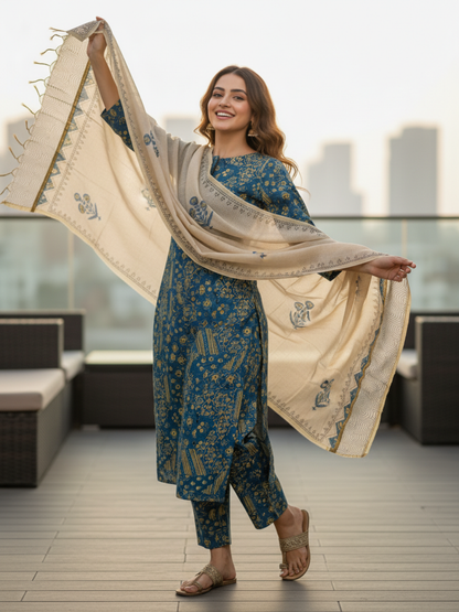 Floral Printed Straight Kurta with Pant & Dupatta - Teal Blue