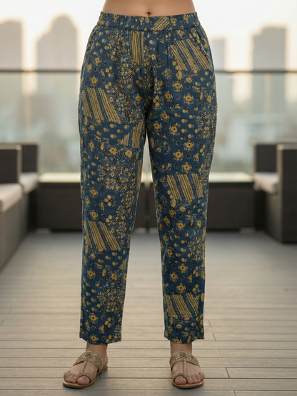 Floral Printed Straight Kurta with Pant & Dupatta - Teal Blue