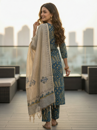 Floral Printed Straight Kurta with Pant & Dupatta - Teal Blue