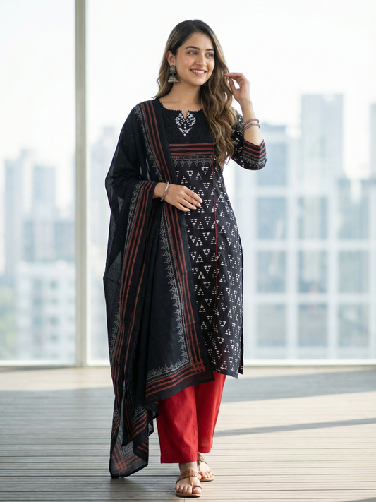 Printed Straight Kurta with Pant & Dupatta - Black & Red
