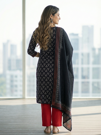 Printed Straight Kurta with Pant & Dupatta - Black & Red