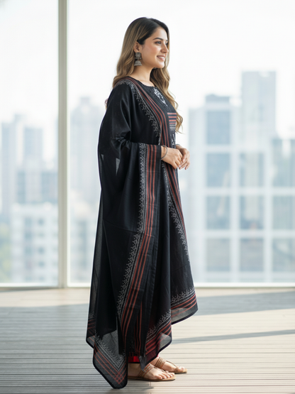 Printed Straight Kurta with Pant & Dupatta - Black & Red