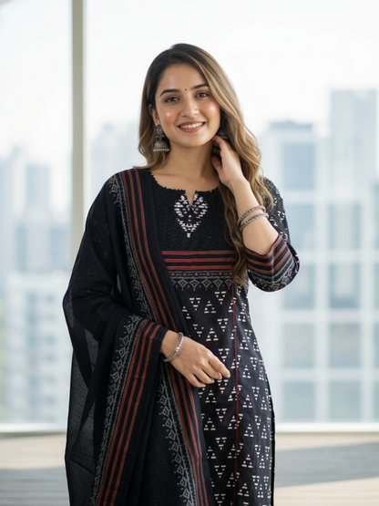 Printed Straight Kurta with Pant & Dupatta - Black & Red