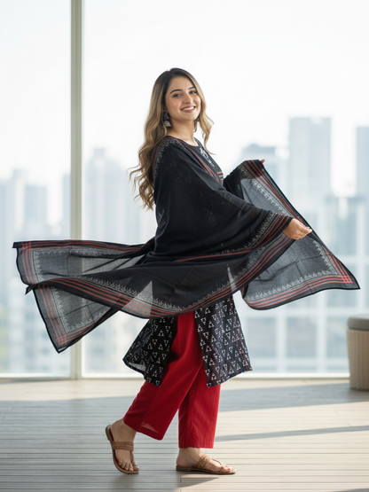 Printed Straight Kurta with Pant & Dupatta - Black & Red
