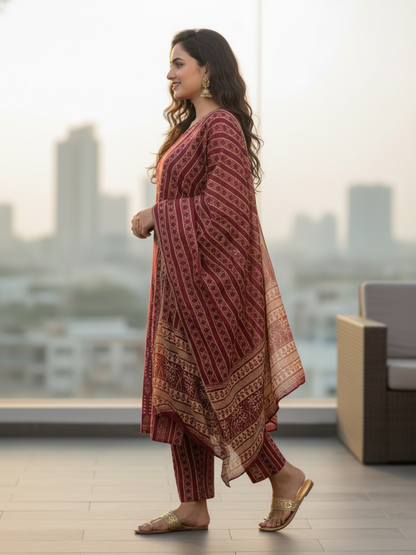 Ethnic Tribal Print Paneled Straight Kurta with Pant & Dupatta - Maroon