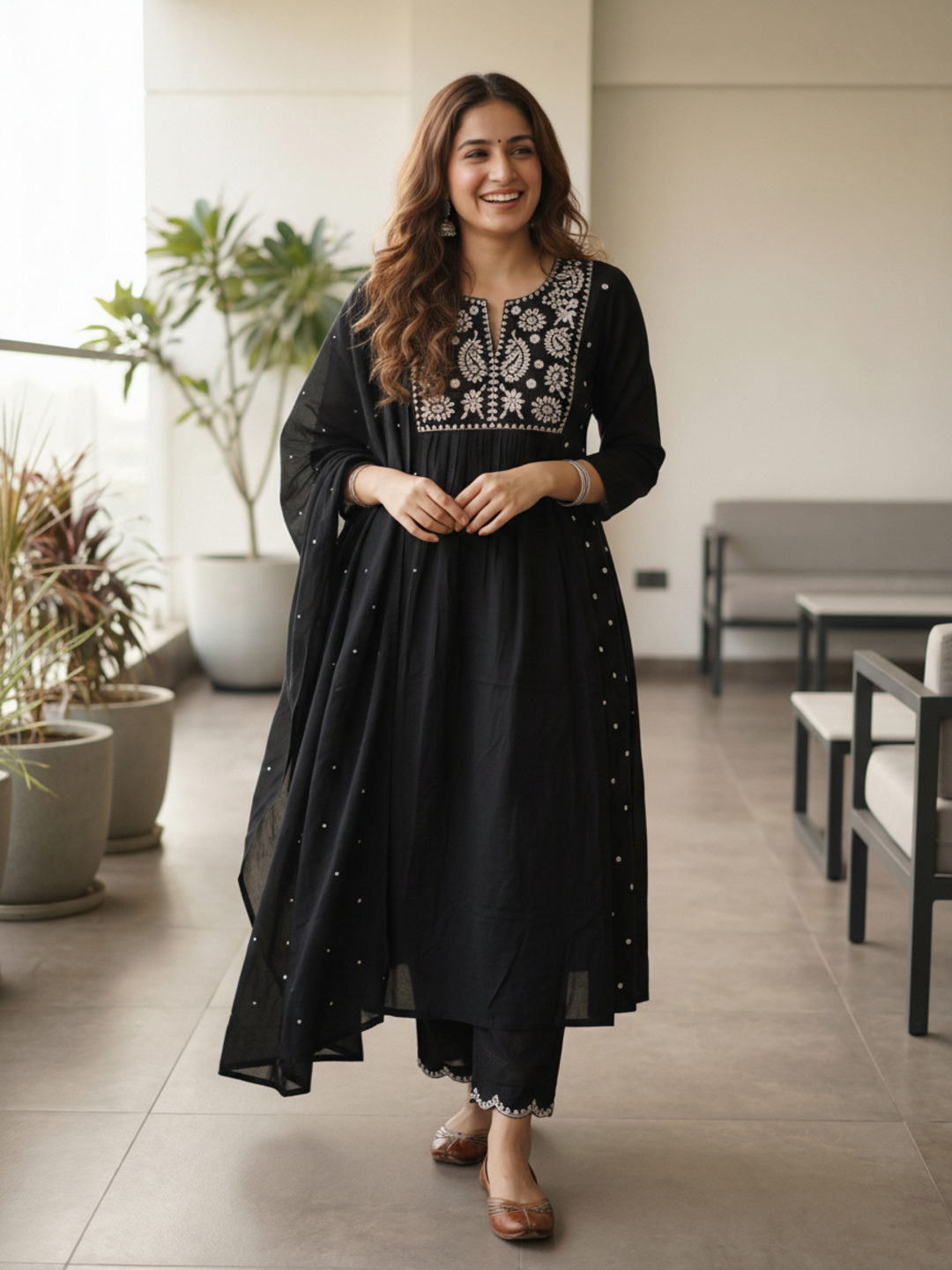 Solid Mirror Work & Embroidered A-Line Kurta with Palazzo & Dupatta - Black