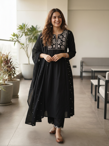 Solid Mirror Work & Embroidered A-Line Kurta with Palazzo & Dupatta - Black