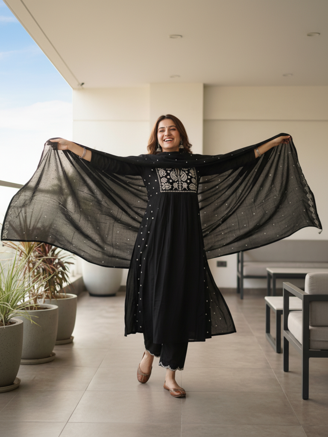 Solid Mirror Work & Embroidered A-Line Kurta with Palazzo & Dupatta - Black
