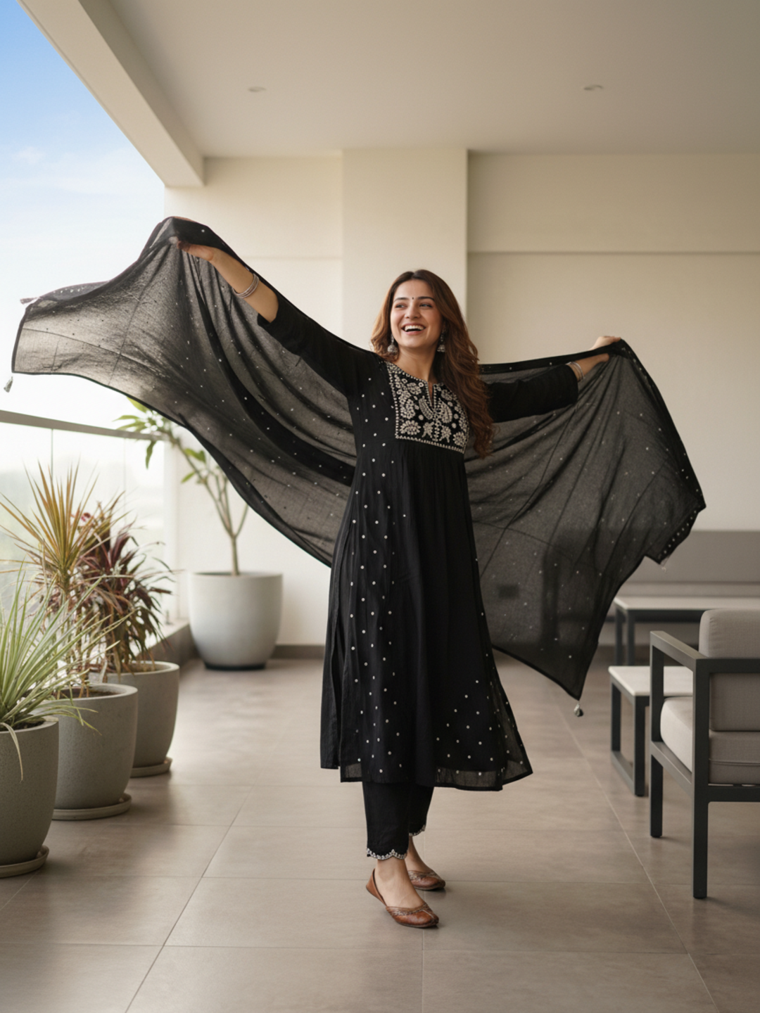 Solid Mirror Work & Embroidered A-Line Kurta with Palazzo & Dupatta - Black