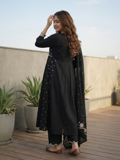 Solid Mirror Work & Embroidered A-Line Kurta with Palazzo & Dupatta - Black