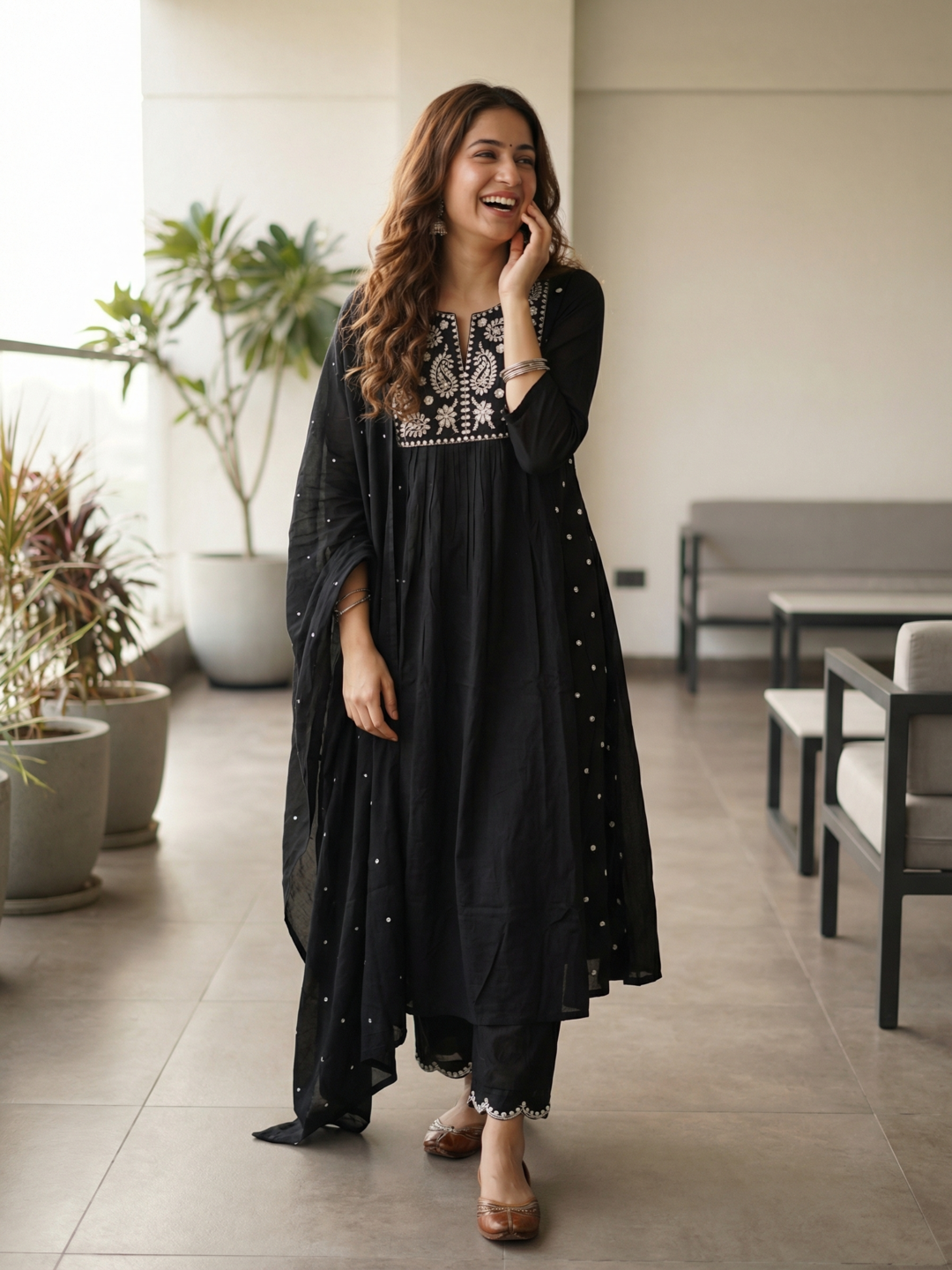 Solid Mirror Work & Embroidered A-Line Kurta with Palazzo & Dupatta - Black