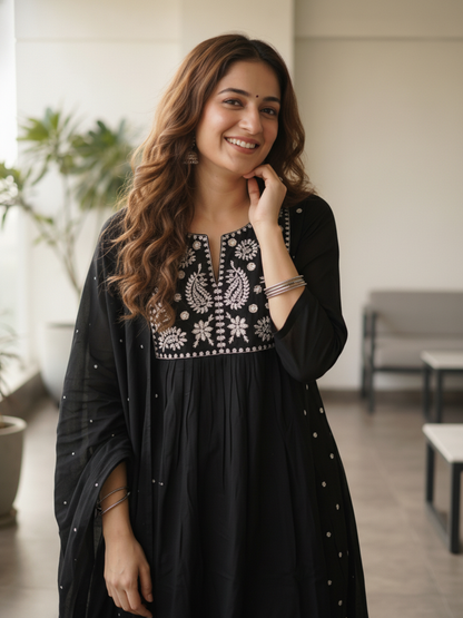 Solid Mirror Work & Embroidered A-Line Kurta with Palazzo & Dupatta - Black