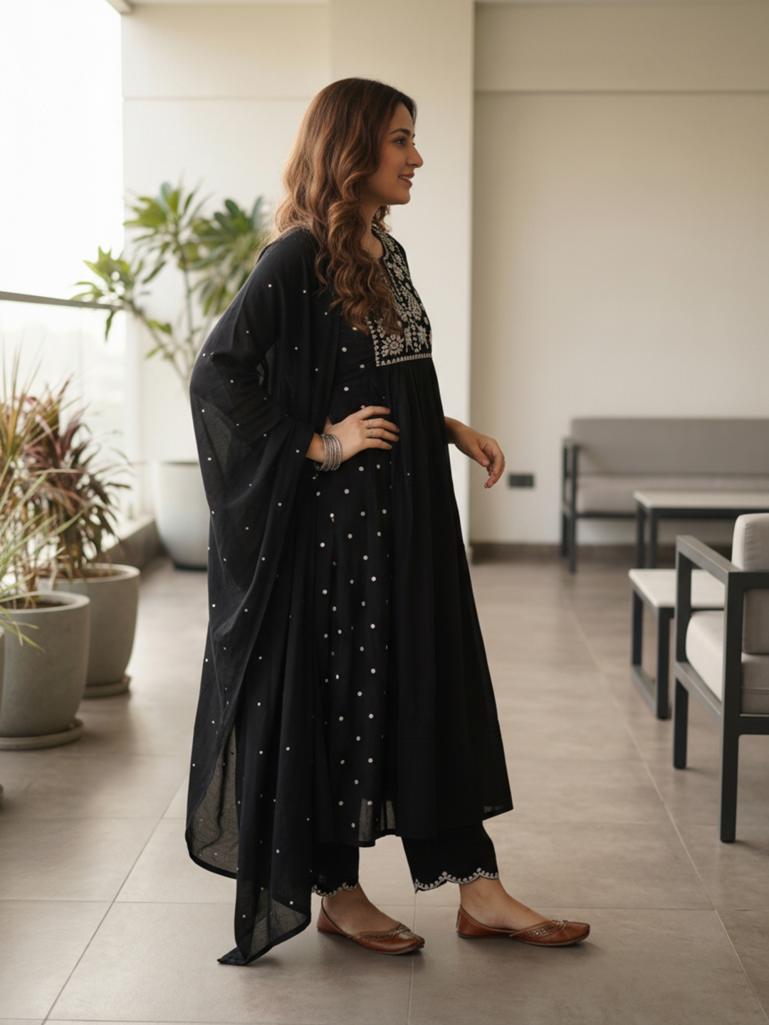 Solid Mirror Work & Embroidered A-Line Kurta with Palazzo & Dupatta - Black