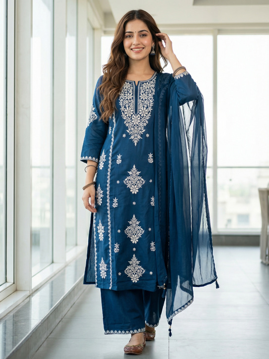 Solid Embroidered Straight Kurta with Palazzo & Dupatta - Blue