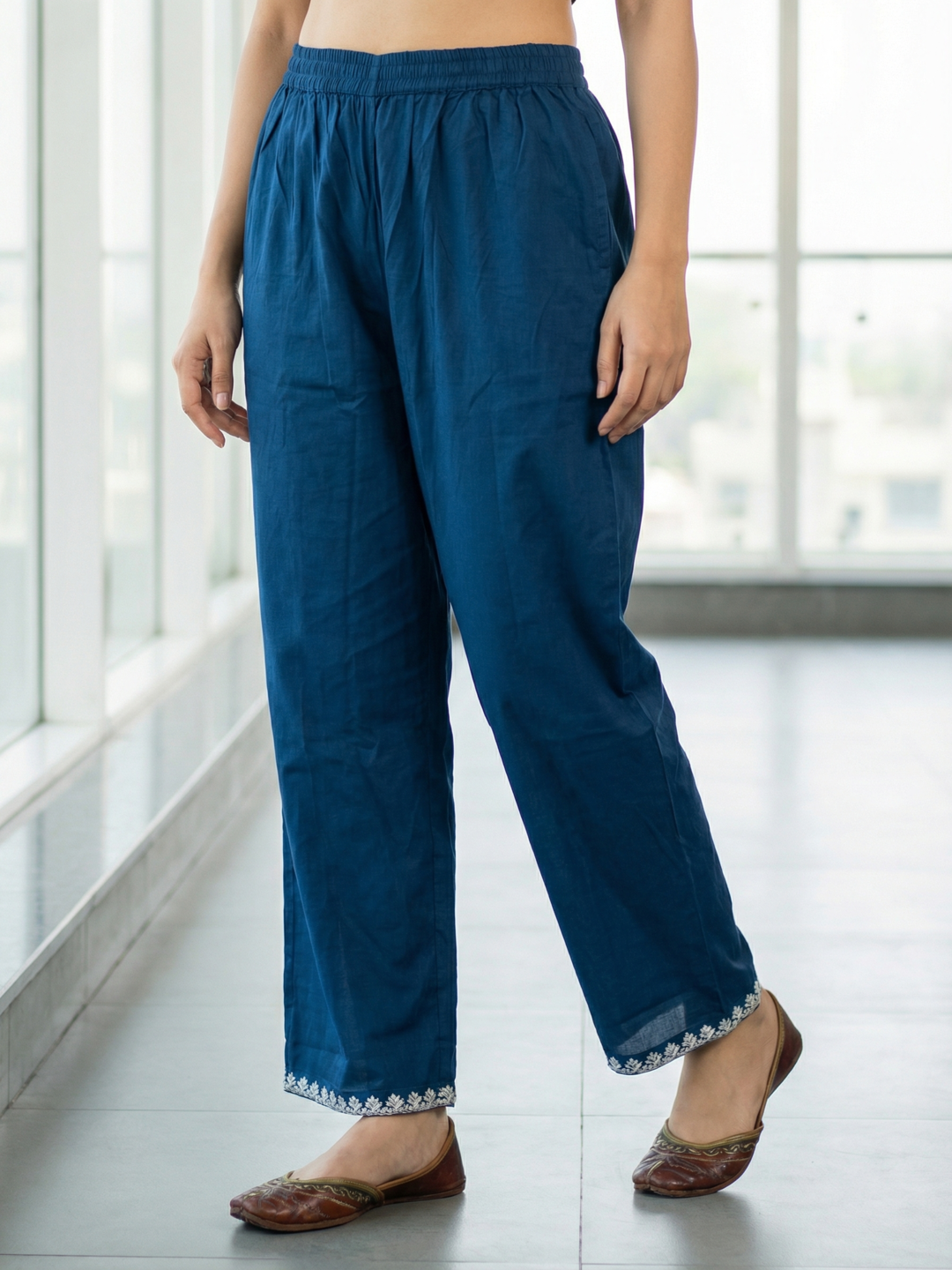 Solid Embroidered Straight Kurta with Palazzo & Dupatta - Blue