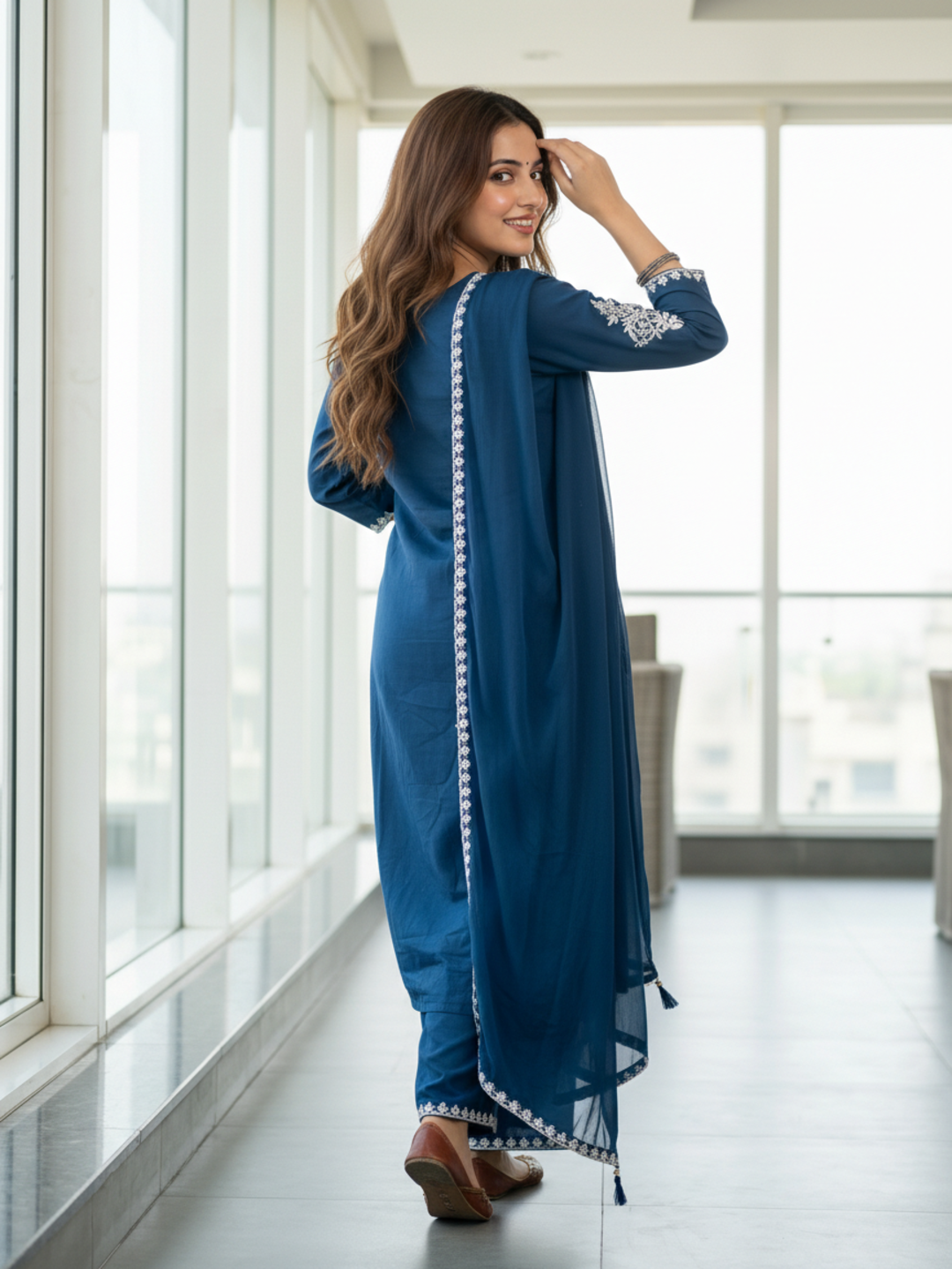 Solid Embroidered Straight Kurta with Palazzo & Dupatta - Blue