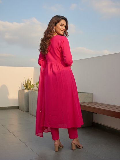 Solid Sequin & Embroidered A-Line Kurta with Pant & Dupatta - Rani