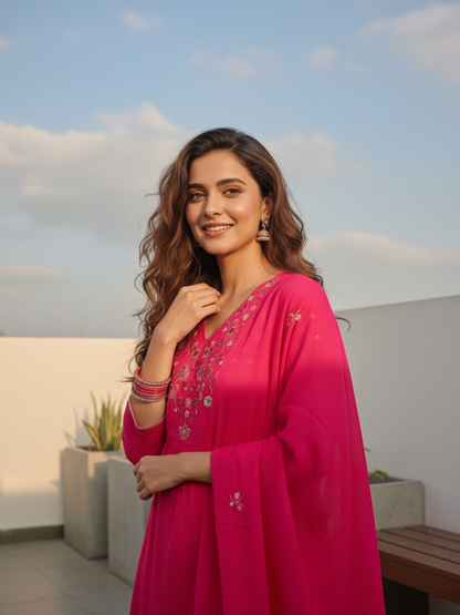 Solid Sequin & Embroidered A-Line Kurta with Pant & Dupatta - Rani