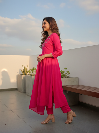 Solid Sequin & Embroidered A-Line Kurta with Pant & Dupatta - Rani