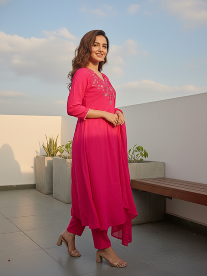 Solid Sequin & Embroidered A-Line Kurta with Pant & Dupatta - Rani