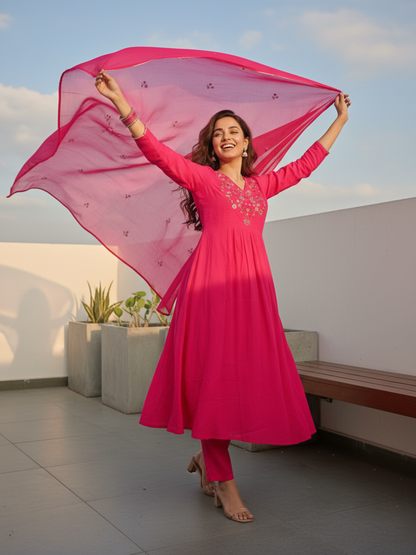 Solid Sequin & Embroidered A-Line Kurta with Pant & Dupatta - Rani