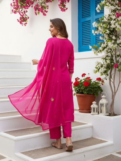 Solid Mirror Work & Sequin Embroidered A-Line Kurta with Palazzo & Dupatta - Rani Pink