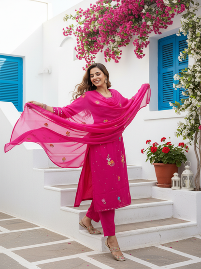 Solid Mirror Work & Sequin Embroidered A-Line Kurta with Palazzo & Dupatta - Rani Pink