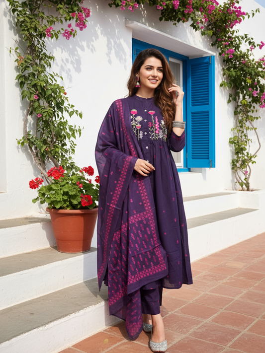 Buta Printed Embroidered A-Line Kurta with Palazzo & Dupatta - Purple