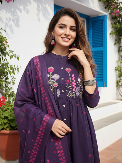 Buta Printed Embroidered A-Line Kurta with Palazzo & Dupatta - Purple