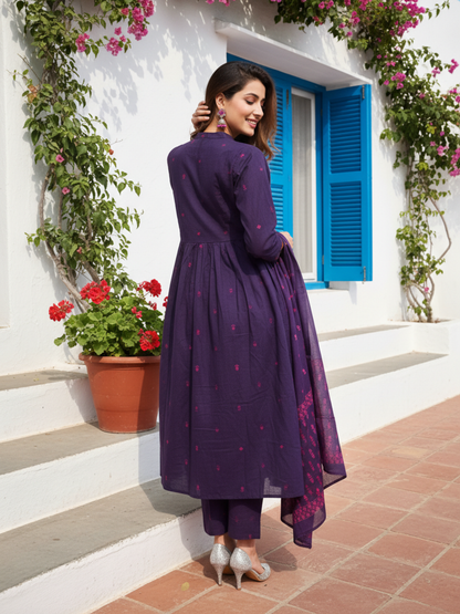 Buta Printed Embroidered A-Line Kurta with Palazzo & Dupatta - Purple