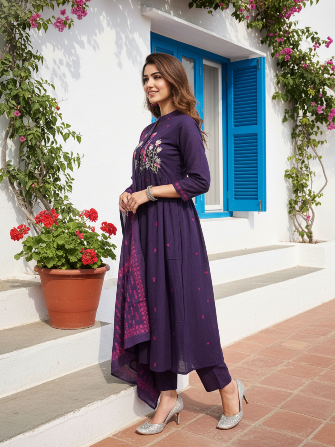 Buta Printed Embroidered A-Line Kurta with Palazzo & Dupatta - Purple