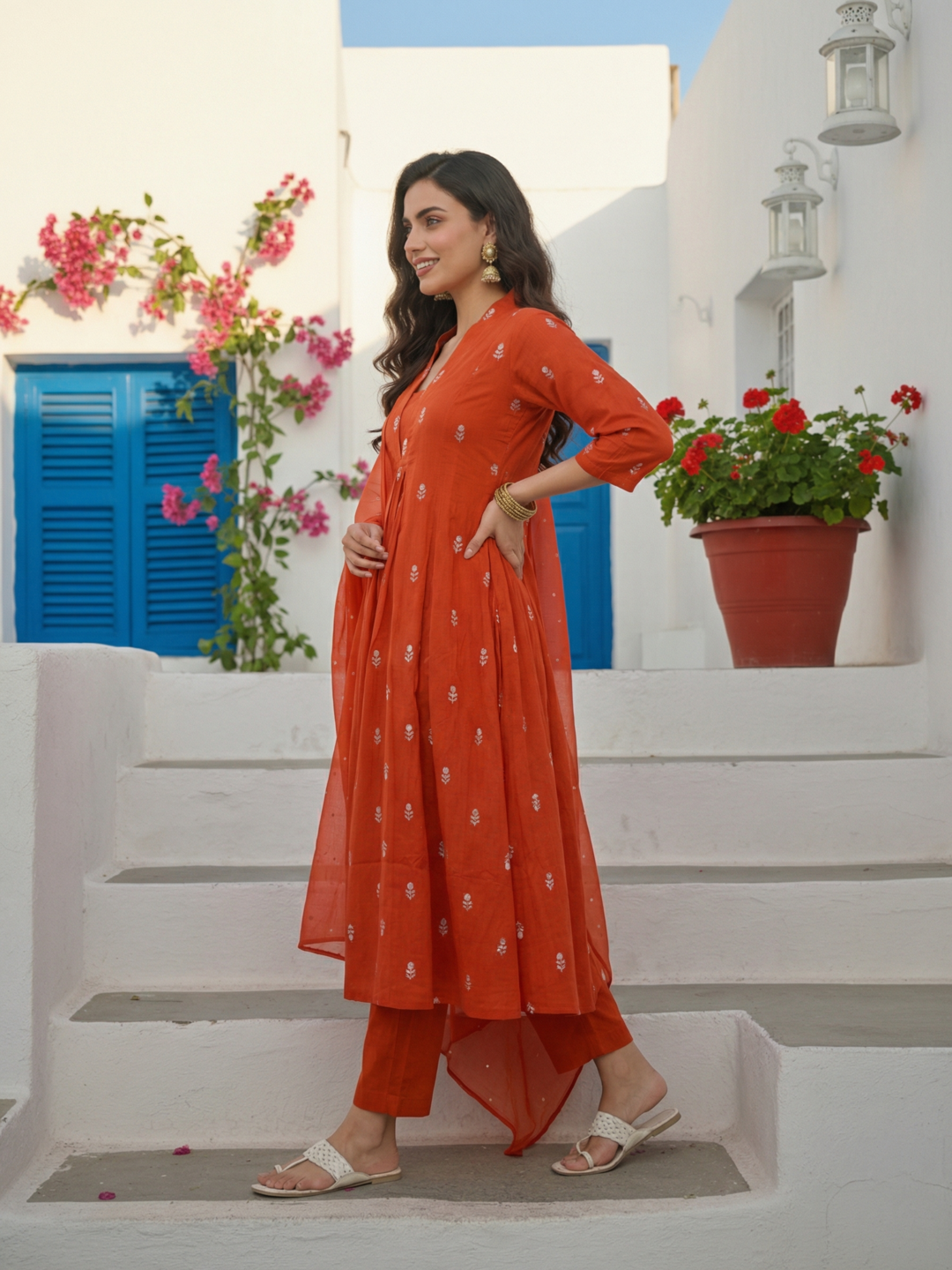 Solid Embroidered A-Line Kurta with Pant & Dupatta - Rust